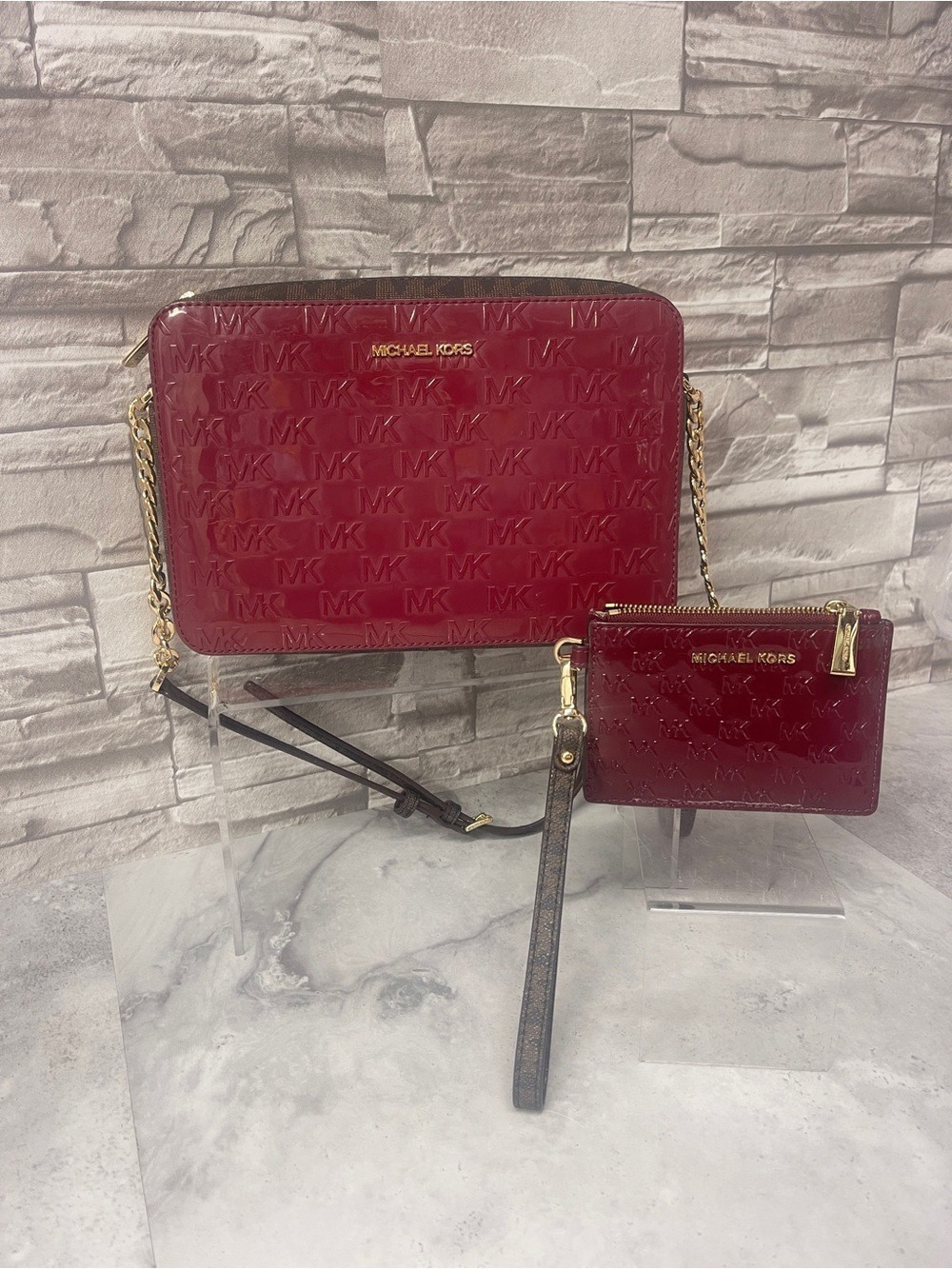 Michael Kors Burgundy Embossed Patent Leather Crossbody Bag & Wallet Set Berry